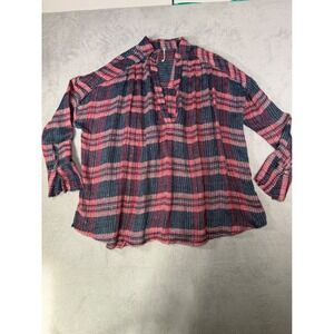 Free People Pink Navy Blue Plaid Sequin Oversized Tunic Blouse Small OB720661